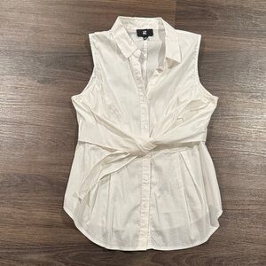 Sleeveless White Button Up Tie Waist Blouse
